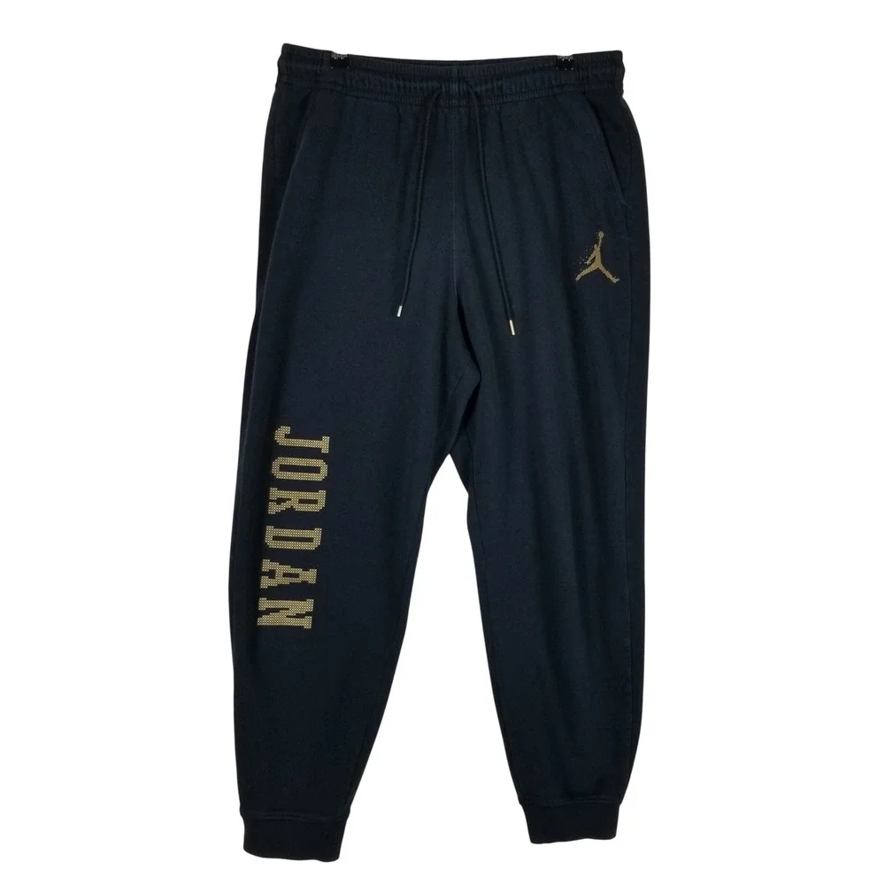 Jordan Joggers Men XL Black Gold Graphic Fleece Tapered Sweatpants